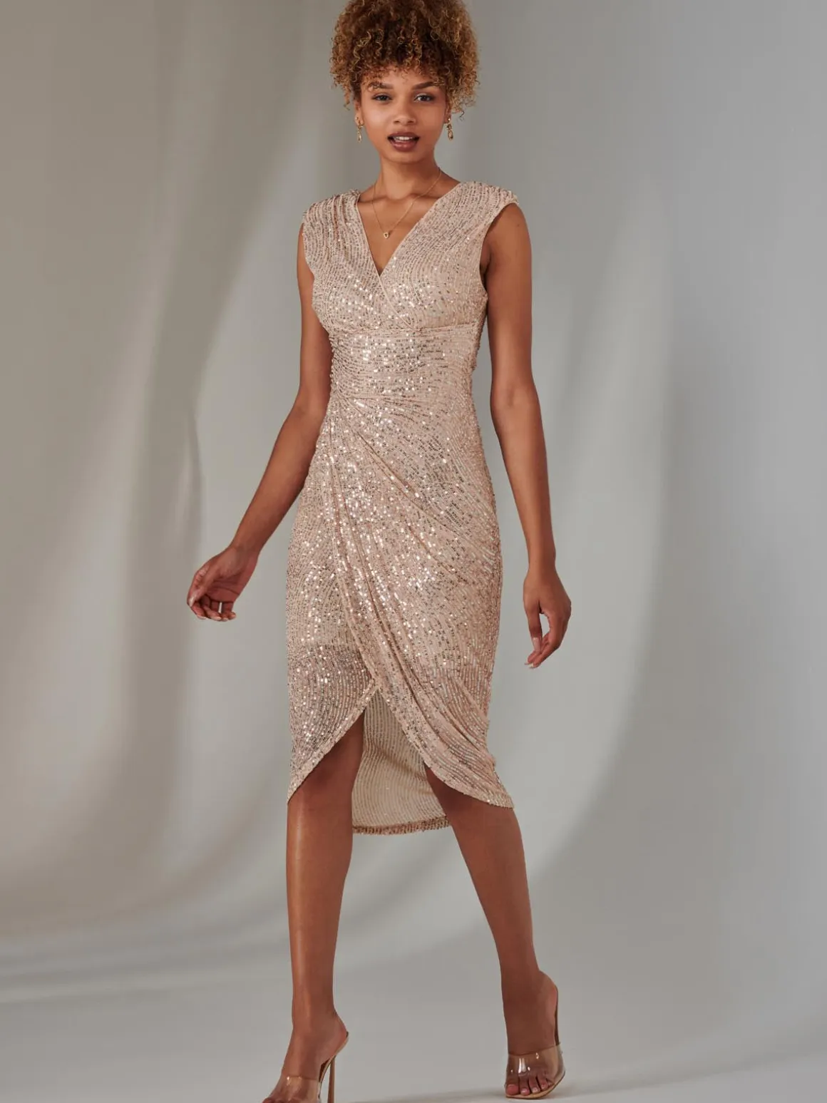 Aisla Ruched Sequin Bodycon Dress, Rose Gold