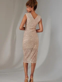Aisla Ruched Sequin Bodycon Dress, Rose Gold