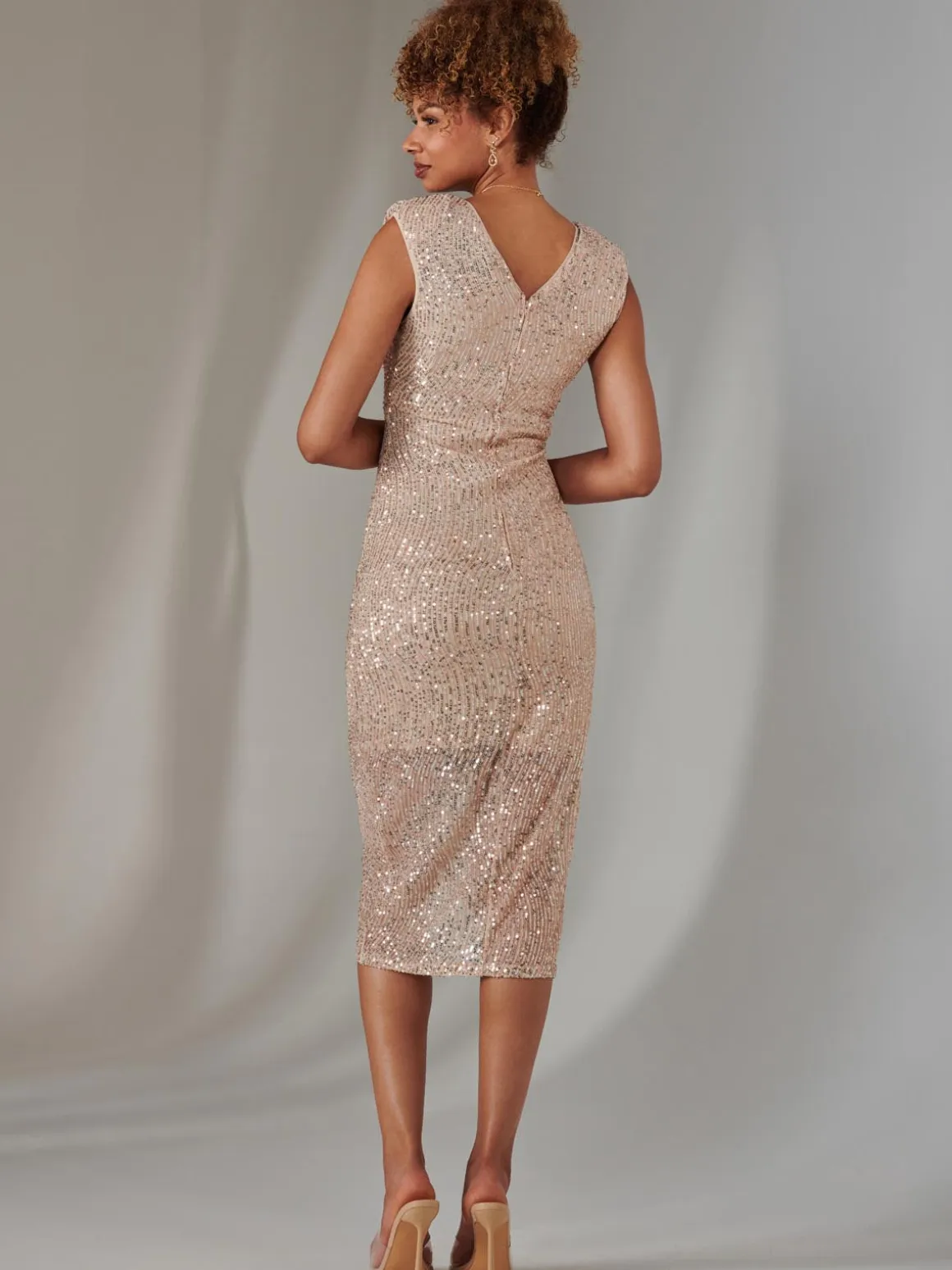 Aisla Ruched Sequin Bodycon Dress, Rose Gold