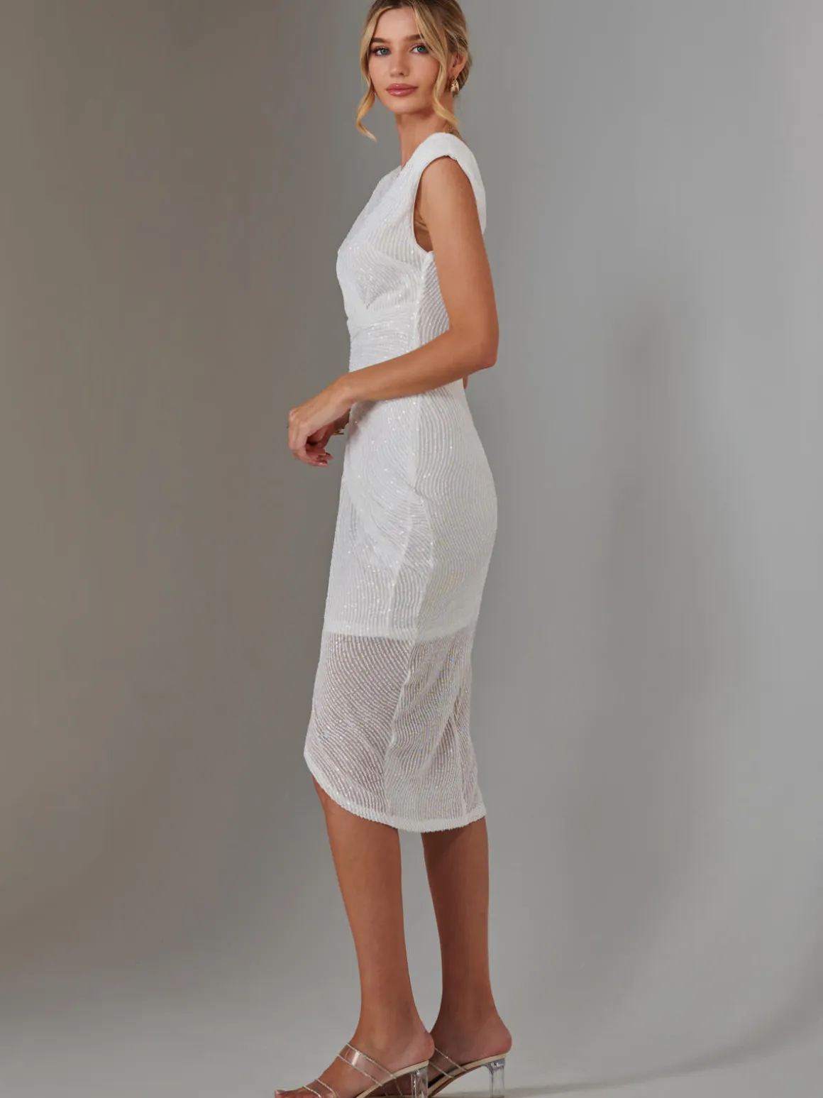 Aisla Ruched Sequin Bodycon Dress, White
