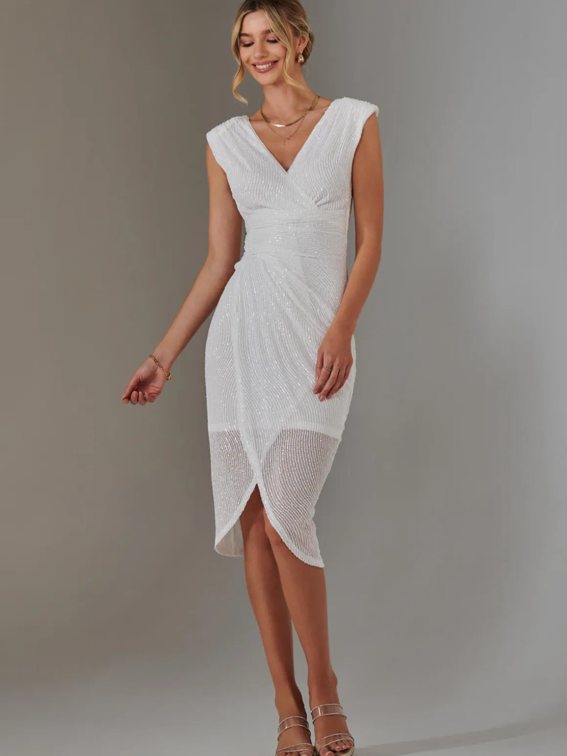 Aisla Ruched Sequin Bodycon Dress, White