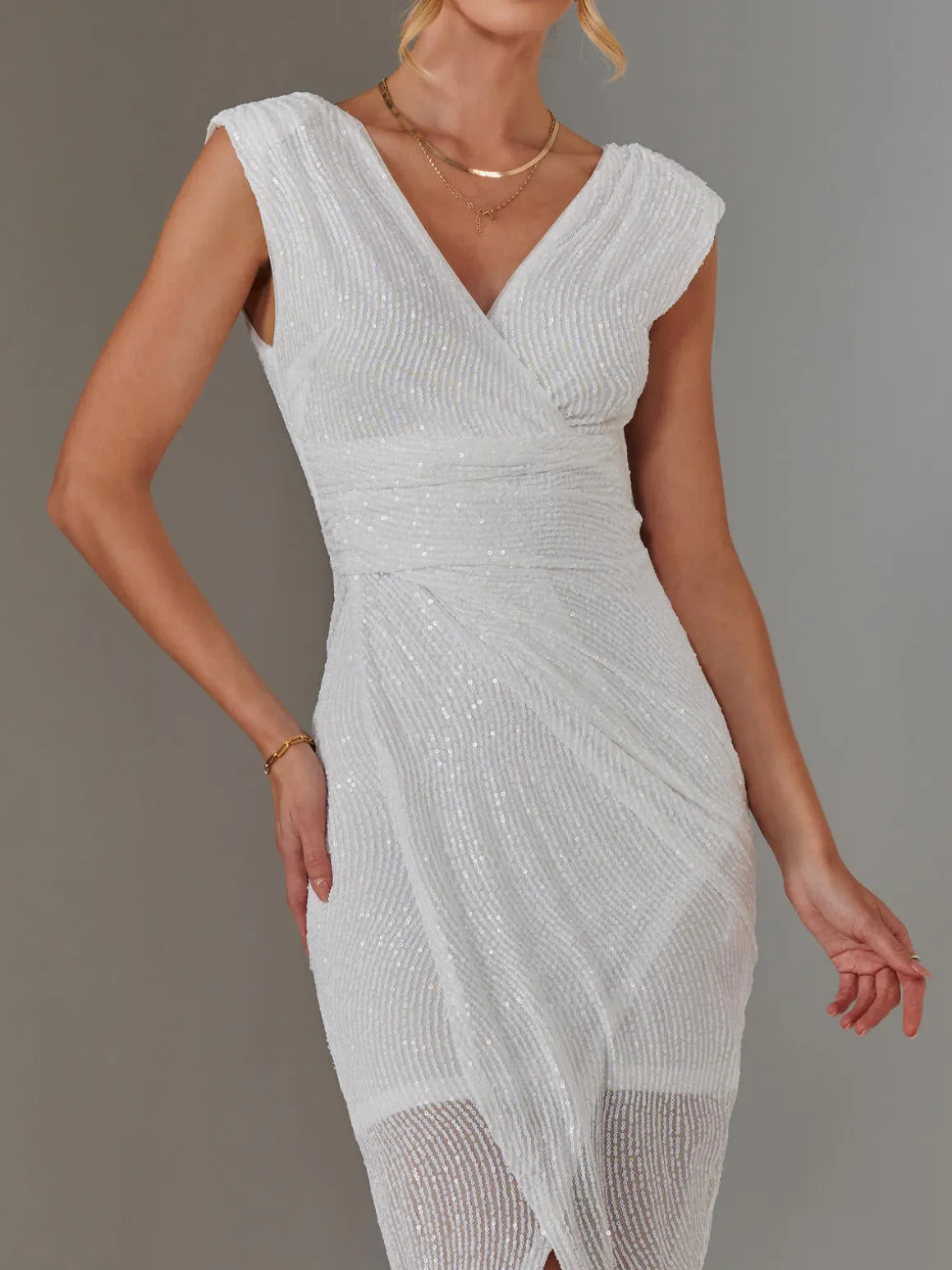 Aisla Ruched Sequin Bodycon Dress, White