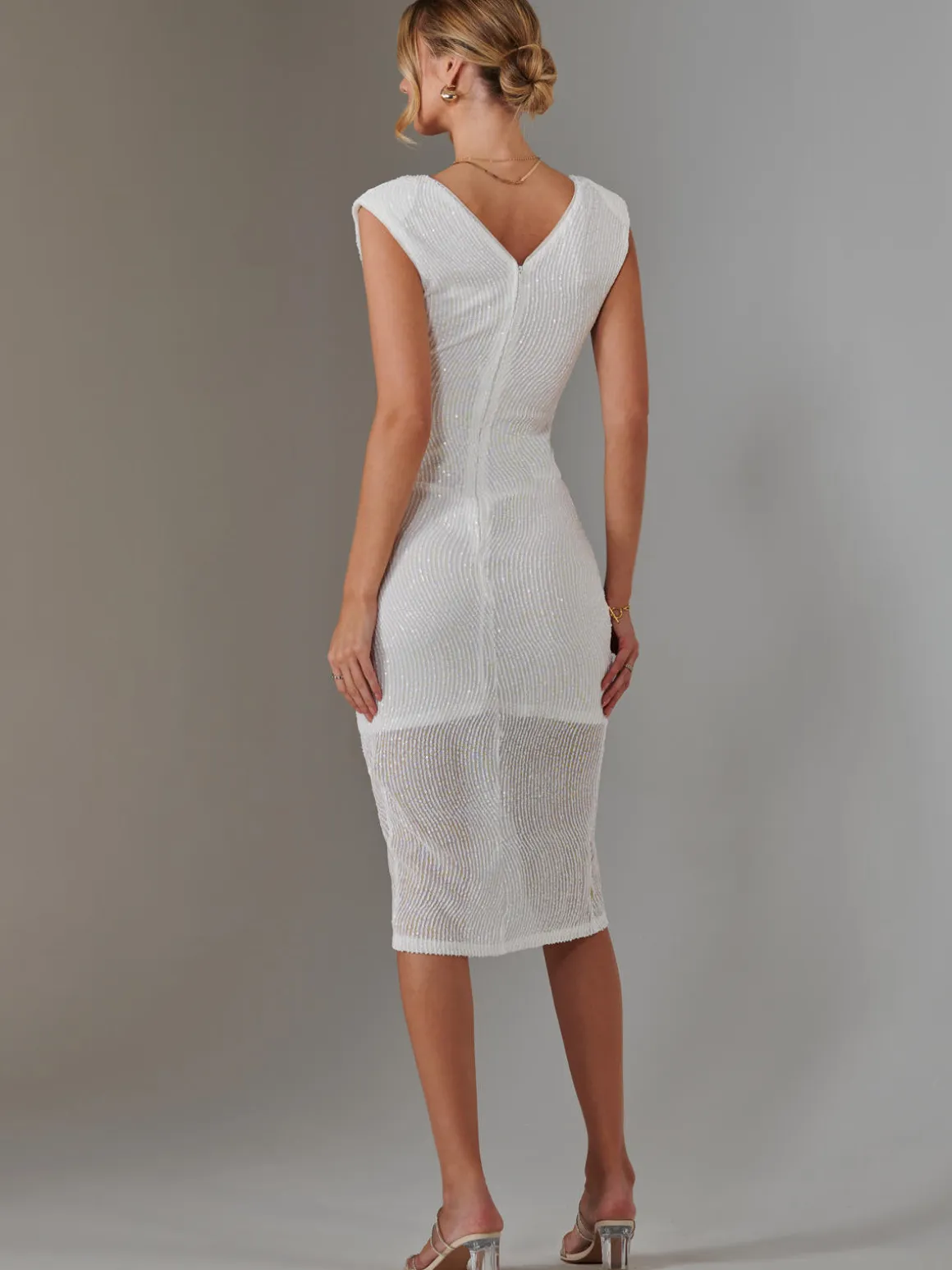 Aisla Ruched Sequin Bodycon Dress, White