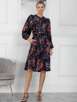 Allyn Bow Neck Long Sleeve Dress, Navy Abstract