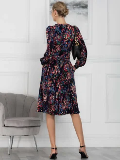Allyn Bow Neck Long Sleeve Dress, Navy Abstract