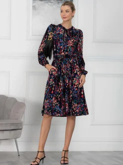 Allyn Bow Neck Long Sleeve Dress, Navy Abstract