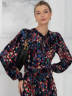 Allyn Bow Neck Long Sleeve Dress, Navy Abstract