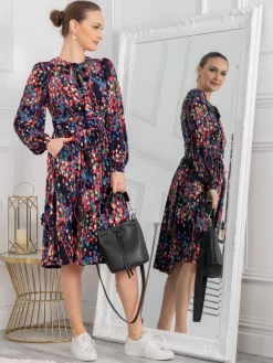 Allyn Bow Neck Long Sleeve Dress, Navy Abstract