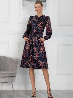 Allyn Bow Neck Long Sleeve Dress, Navy Abstract