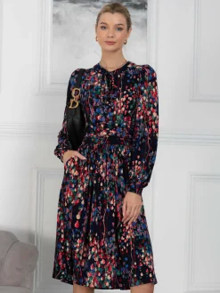 Allyn Bow Neck Long Sleeve Dress, Navy Abstract