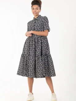 Amara Tiered Midi Shirt Dress, Black Geo