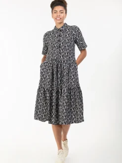 Amara Tiered Midi Shirt Dress, Black Geo