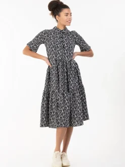 Amara Tiered Midi Shirt Dress, Black Geo