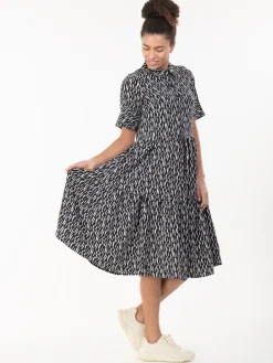 Amara Tiered Midi Shirt Dress, Black Geo