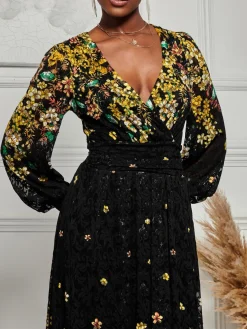Amica Symmetrical Print Lace Maxi Dress, Yellow Floral