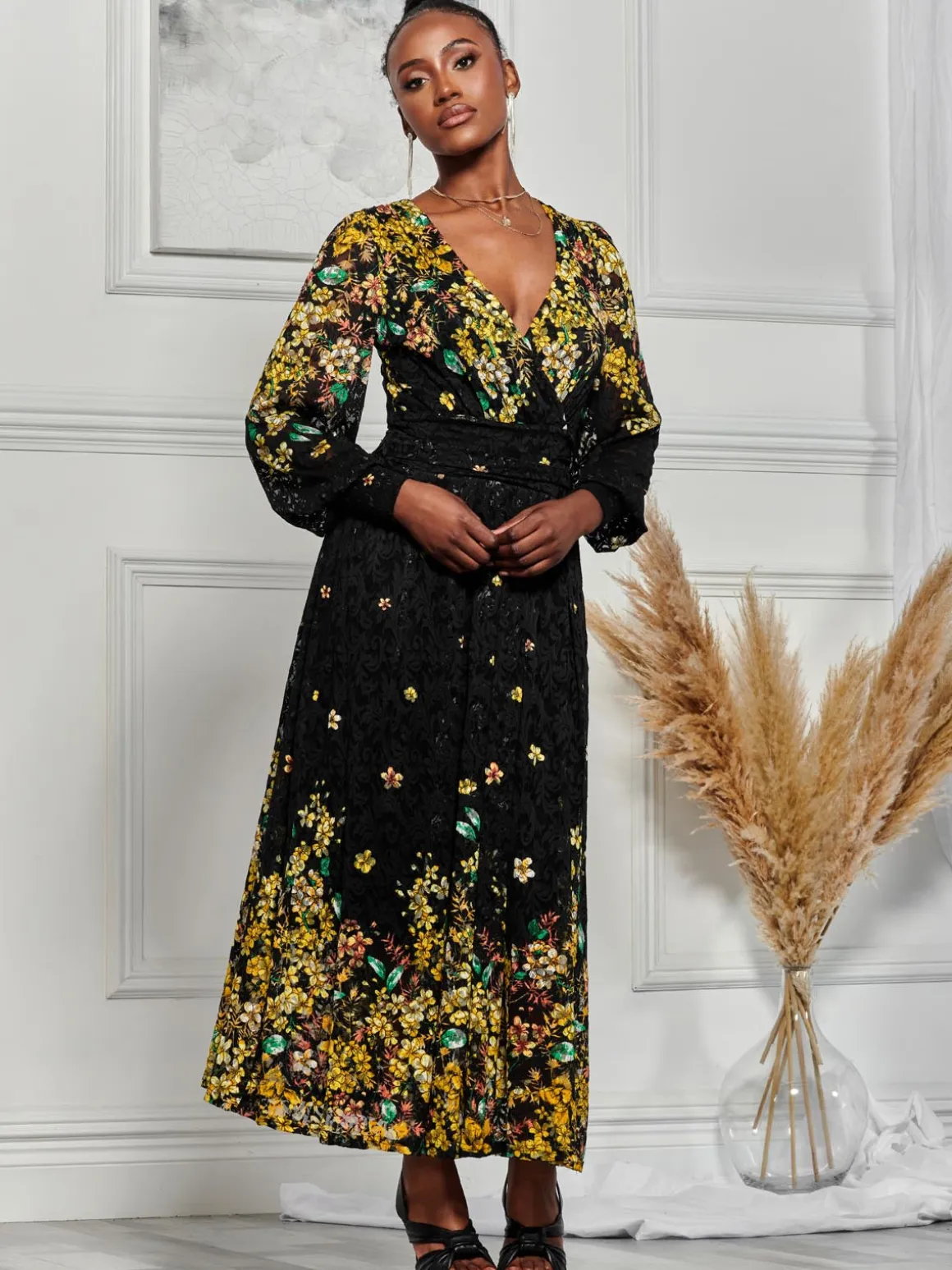 Amica Symmetrical Print Lace Maxi Dress, Yellow Floral