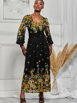 Amica Symmetrical Print Lace Maxi Dress, Yellow Floral