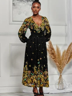 Amica Symmetrical Print Lace Maxi Dress, Yellow Floral