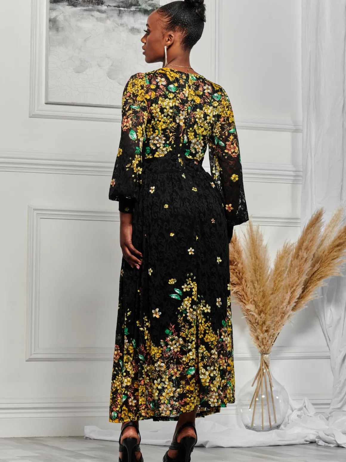 Amica Symmetrical Print Lace Maxi Dress, Yellow Floral