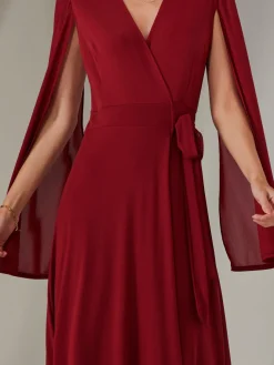 Amira Cape Sleeve Wrapped Maxi Dress, Merlot