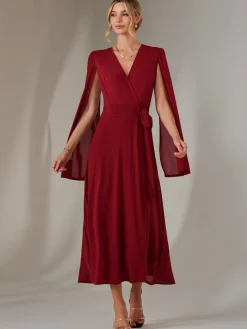 Amira Cape Sleeve Wrapped Maxi Dress, Merlot