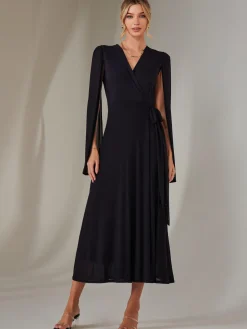 Amira Cape Sleeve Wrapped Maxi Dress, Navy