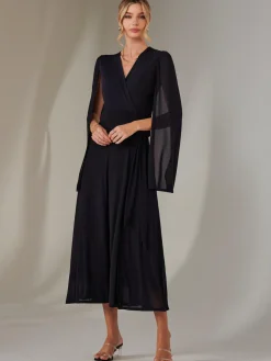 Amira Cape Sleeve Wrapped Maxi Dress, Navy