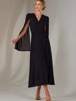Amira Cape Sleeve Wrapped Maxi Dress, Navy