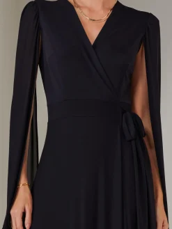 Amira Cape Sleeve Wrapped Maxi Dress, Navy