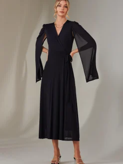 Amira Cape Sleeve Wrapped Maxi Dress, Navy