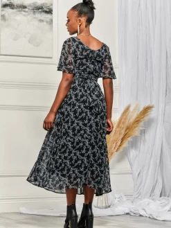 Angel Sleeve Chiffon Maxi Dress, Black Ditsy