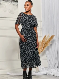 Angel Sleeve Chiffon Maxi Dress, Black Ditsy