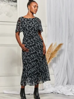 Angel Sleeve Chiffon Maxi Dress, Black Ditsy