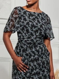 Angel Sleeve Chiffon Maxi Dress, Black Ditsy