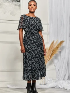 Angel Sleeve Chiffon Maxi Dress, Black Ditsy