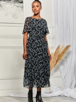 Angel Sleeve Chiffon Maxi Dress, Black Ditsy