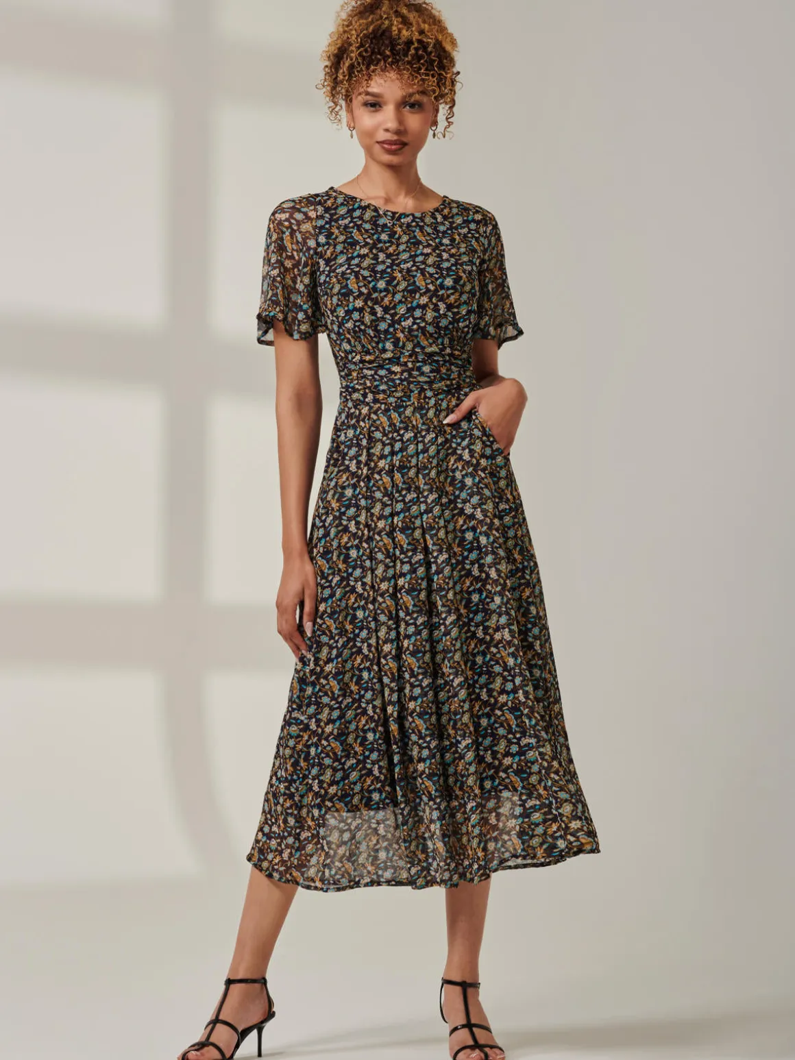 Angel Sleeve Chiffon Maxi Dress, Navy Floral