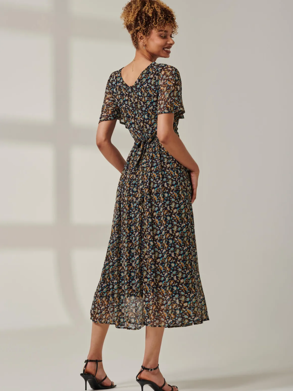 Angel Sleeve Chiffon Maxi Dress, Navy Floral