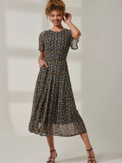 Angel Sleeve Chiffon Maxi Dress, Navy Floral