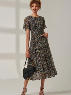Angel Sleeve Chiffon Maxi Dress, Navy Floral