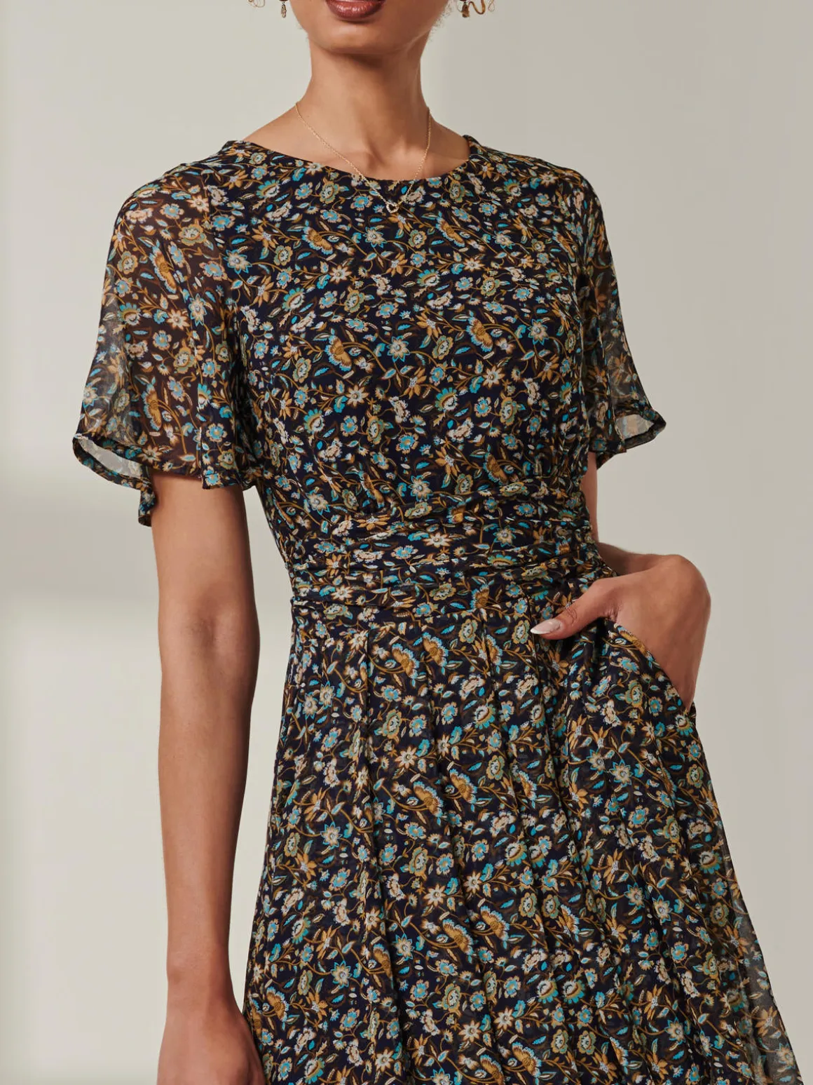 Angel Sleeve Chiffon Maxi Dress, Navy Floral