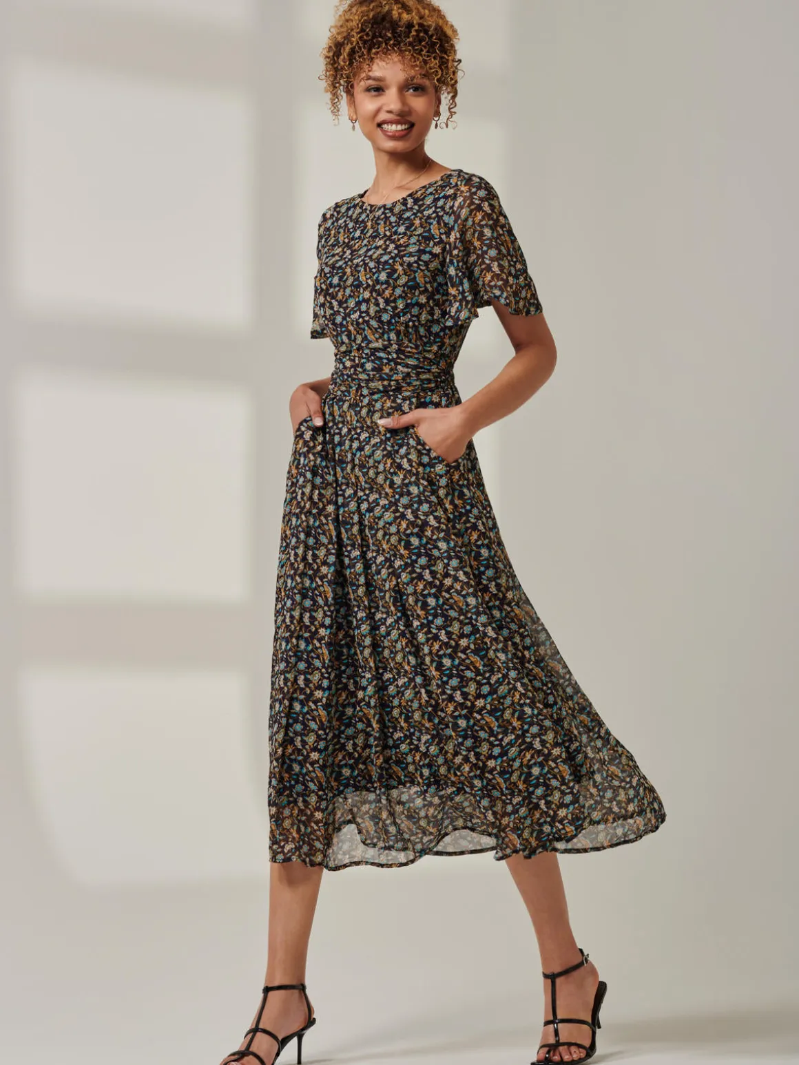 Angel Sleeve Chiffon Maxi Dress, Navy Floral