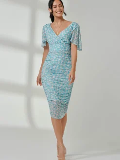 Angel Sleeved Floral Mesh Bodycon Dress, Green Floral