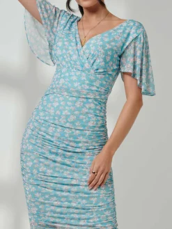 Angel Sleeved Floral Mesh Bodycon Dress, Green Floral
