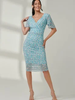 Angel Sleeved Floral Mesh Bodycon Dress, Green Floral