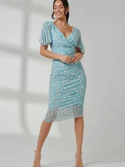 Angel Sleeved Floral Mesh Bodycon Dress, Green Floral