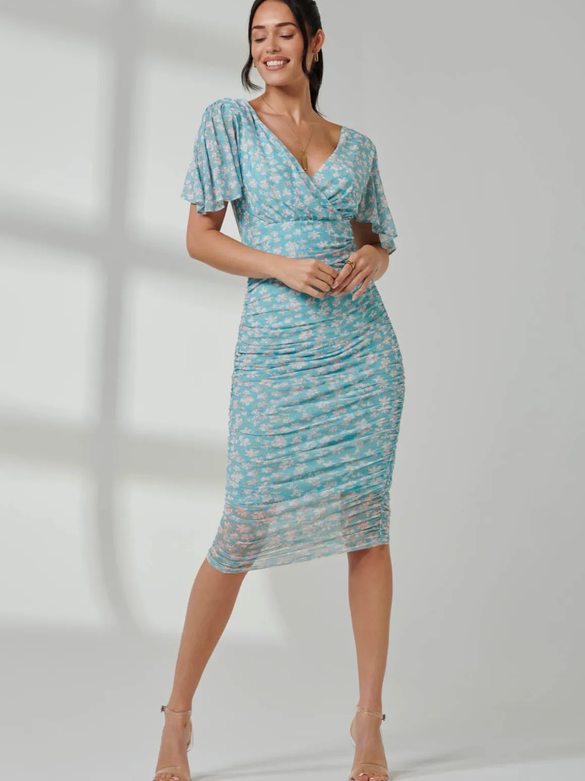 Angel Sleeved Floral Mesh Bodycon Dress, Green Floral