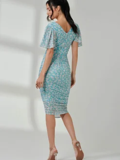 Angel Sleeved Floral Mesh Bodycon Dress, Green Floral
