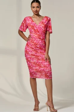 Angel Sleeved Floral Mesh Bodycon Dress, Pink Abstract