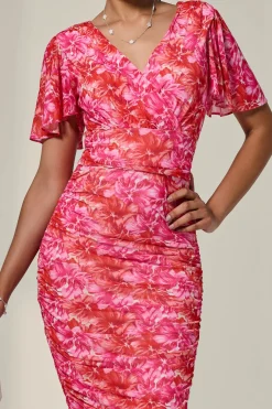 Angel Sleeved Floral Mesh Bodycon Dress, Pink Abstract